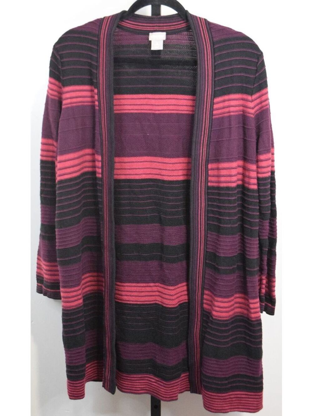 Chico's Striped Open Front Duster Cardigan Purple Pink Black Long Sleeve Size 2
